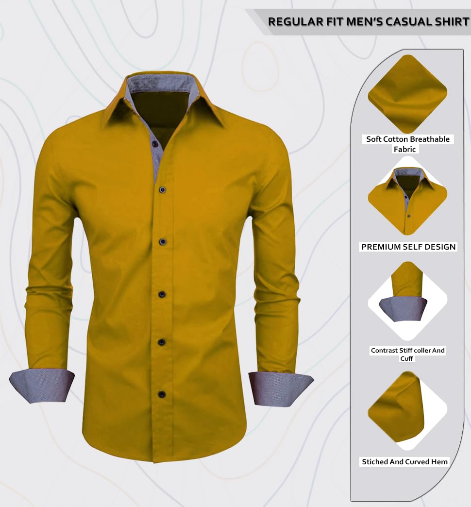 Zombom MenS Solid Cotton Blend Regular Fit Full Sleeve Collared Neck Casual Shirt For Men Gold