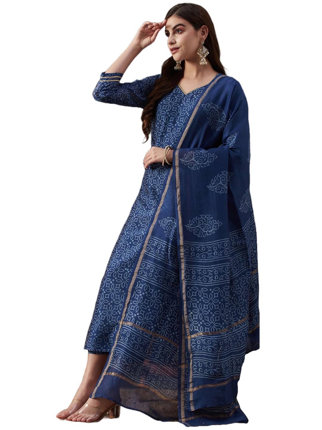 ANNI DESIGNER Womens Cotton Blend Straight Printed Kurta with Pant & Dupatta (Rakta Blue_S_Blue_Small)