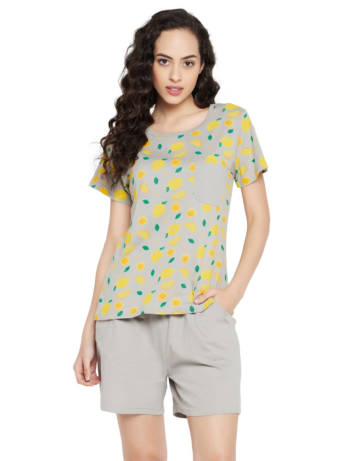 Clovia Womens Cotton Mango Print Top & Shorts Set (LS0410Q05_Grey_S)
