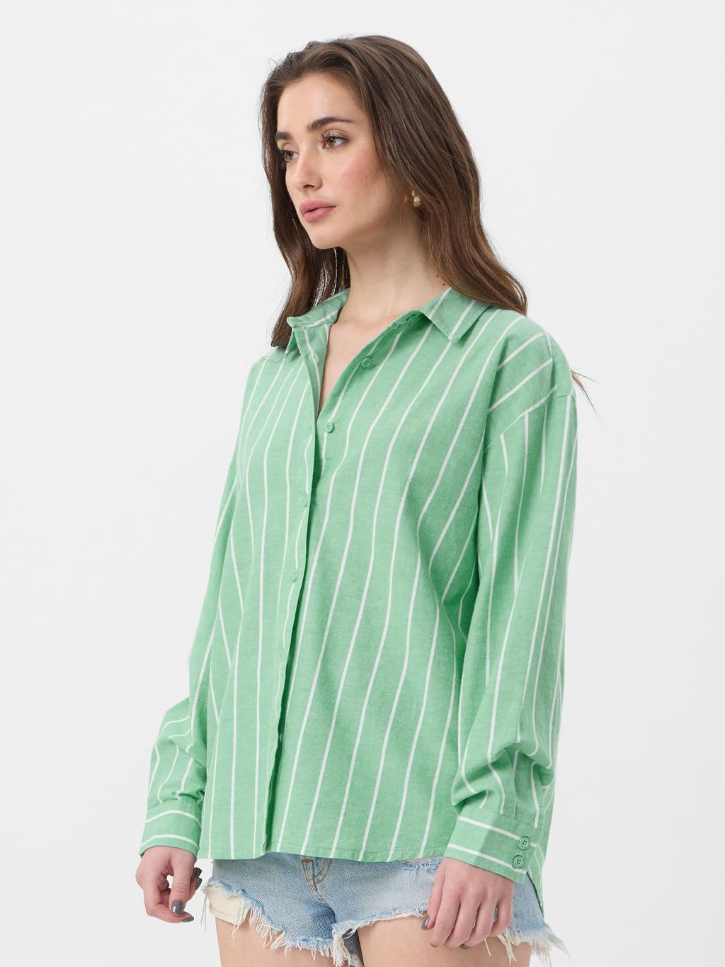 The Souled Store Cotton Linen Shirt: Foliage Women and Girls Long Sleeves Collared Neck Button Front Green Cotton Linen Boyfrien