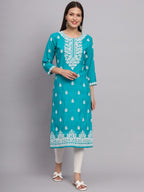 Ekasya WomenS Rayon Straight Cut Round Neck Kurta With Beautiful Floral Lucknowi Chickankari Work (E1586) Sea Green