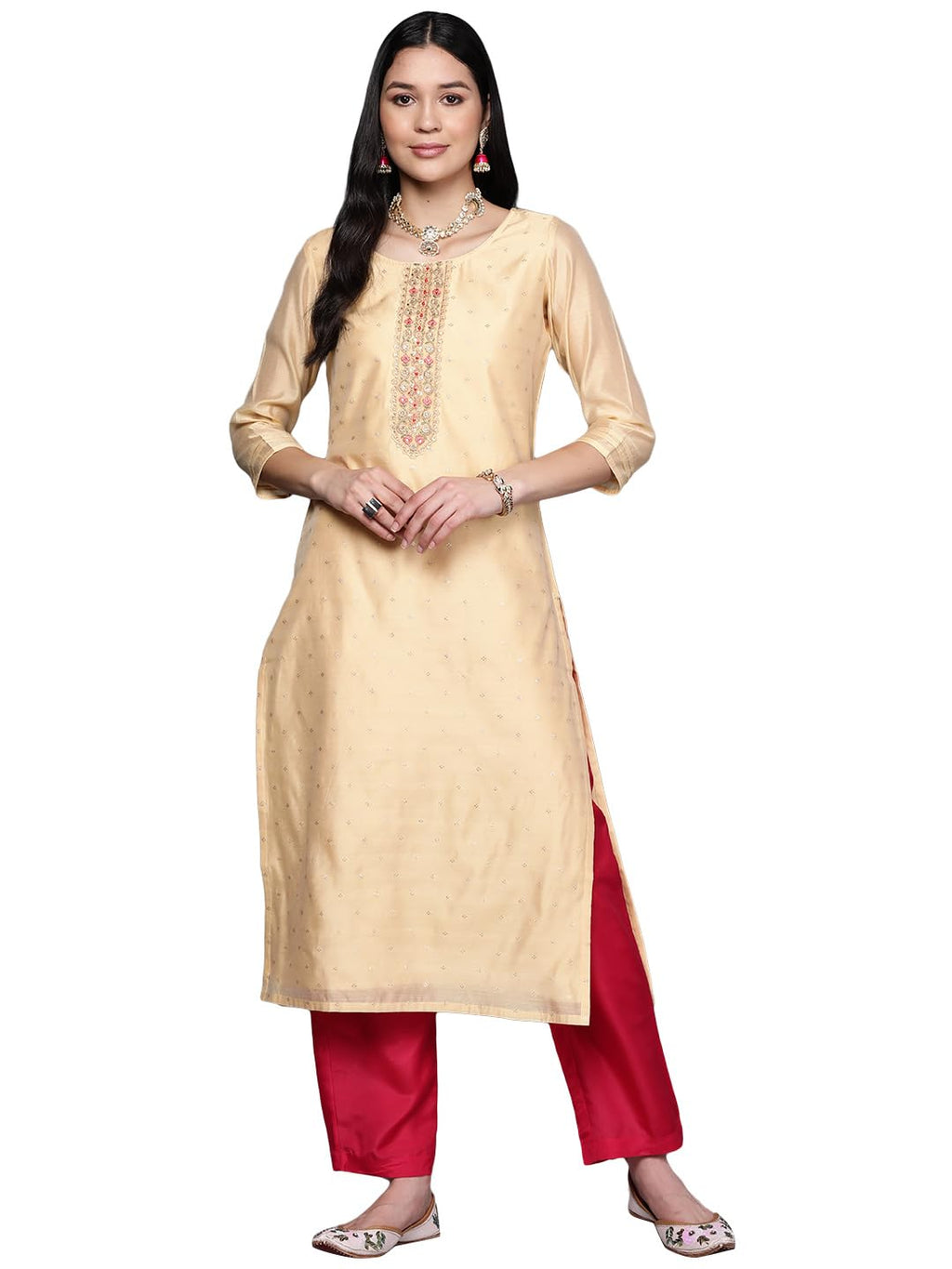 Libas Women'S Chanderi Printed Straight Kurta (28038O_Gold
