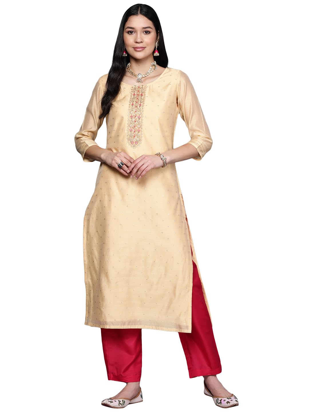 Libas Women'S Chanderi Printed Straight Kurta (28038O_Gold