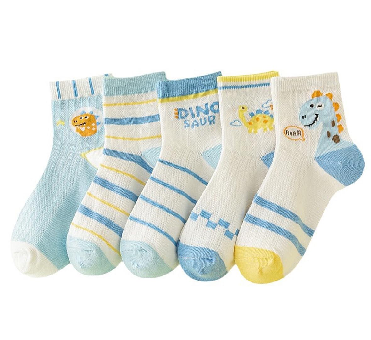 Syga 5 Pairs Baby Girl & Baby Boy Socks, Toddlers Infant Cotton Stretch Crew Socks With Dianasor Design, Suitable For 9 Months T 0-24