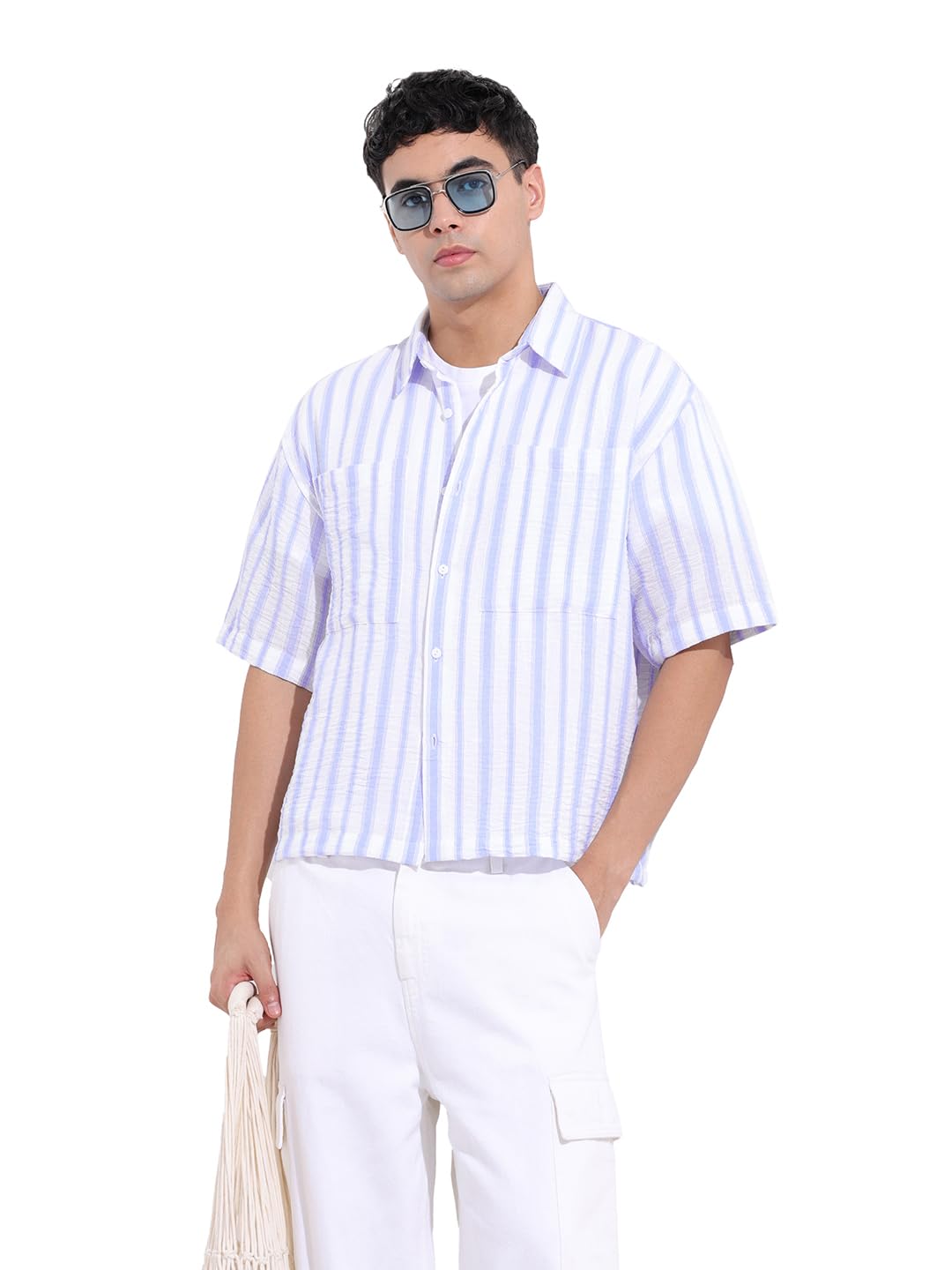 The Indian Garage Co Mens Boxy Fit Vertical Striped Cutaway Collar Half Sleeves Resort Shirt