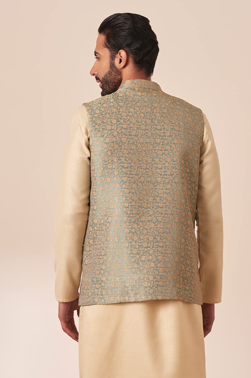 Manyavar Mens Jacket, Nehru Jacket For Men, Ethnic Jacket For Festival, Wedding, Party Sleevless Jacketsprinted Brocade (Green,