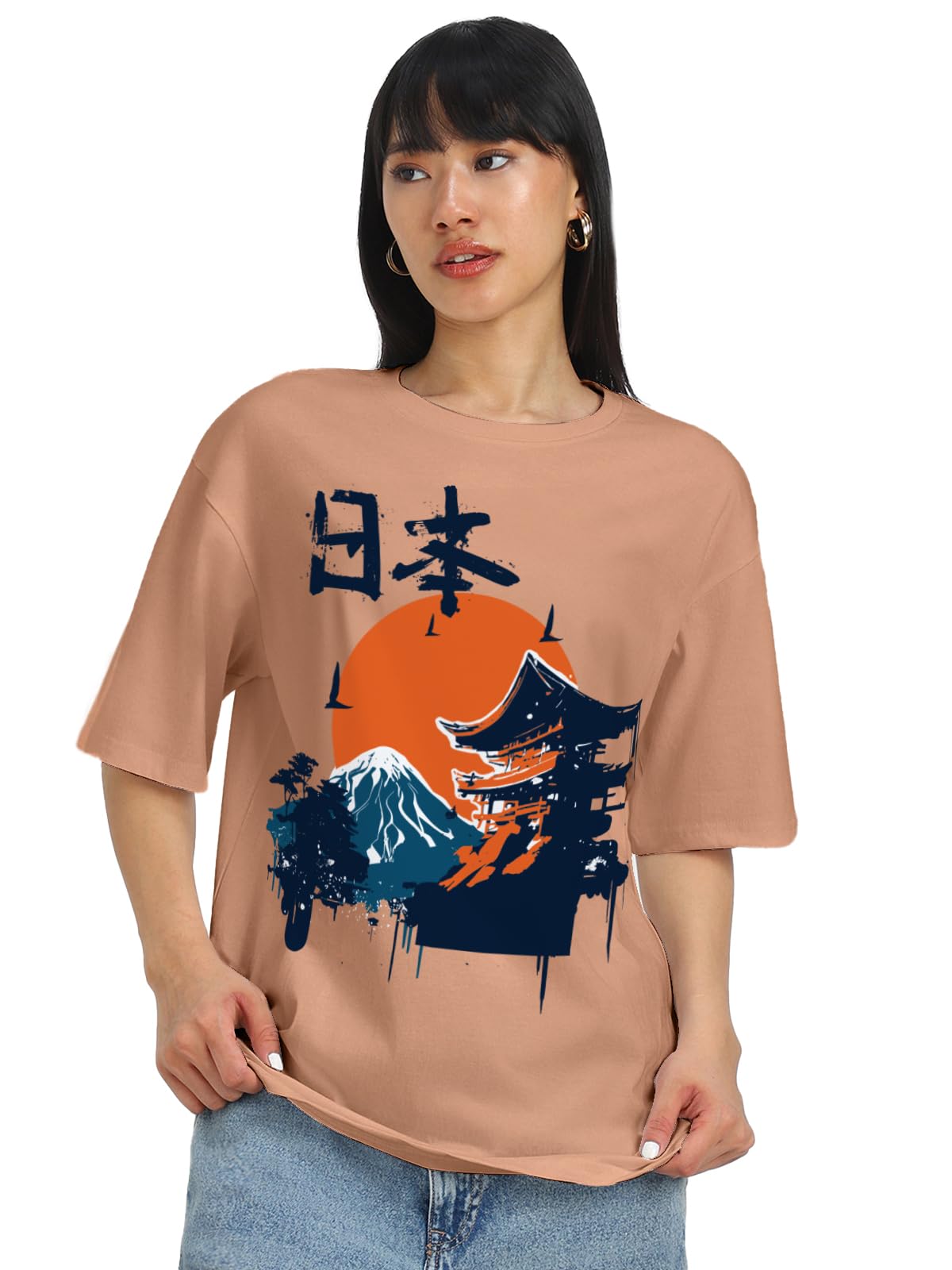 Juneberry Pure Cotton Drop Shoulder Oversized Baggy Fit Cool Nature Front Graphic Printed Beige Half Sleeve T-Shirt For Women & 