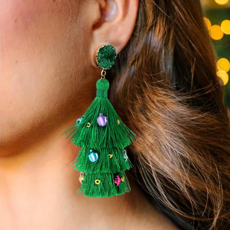 Me&Hz Cute Christmas Tree Earrings Dangle Drop Green Tassel Earrings Jingle Bell Ornament Christmas Earrings for Women Holiday E
