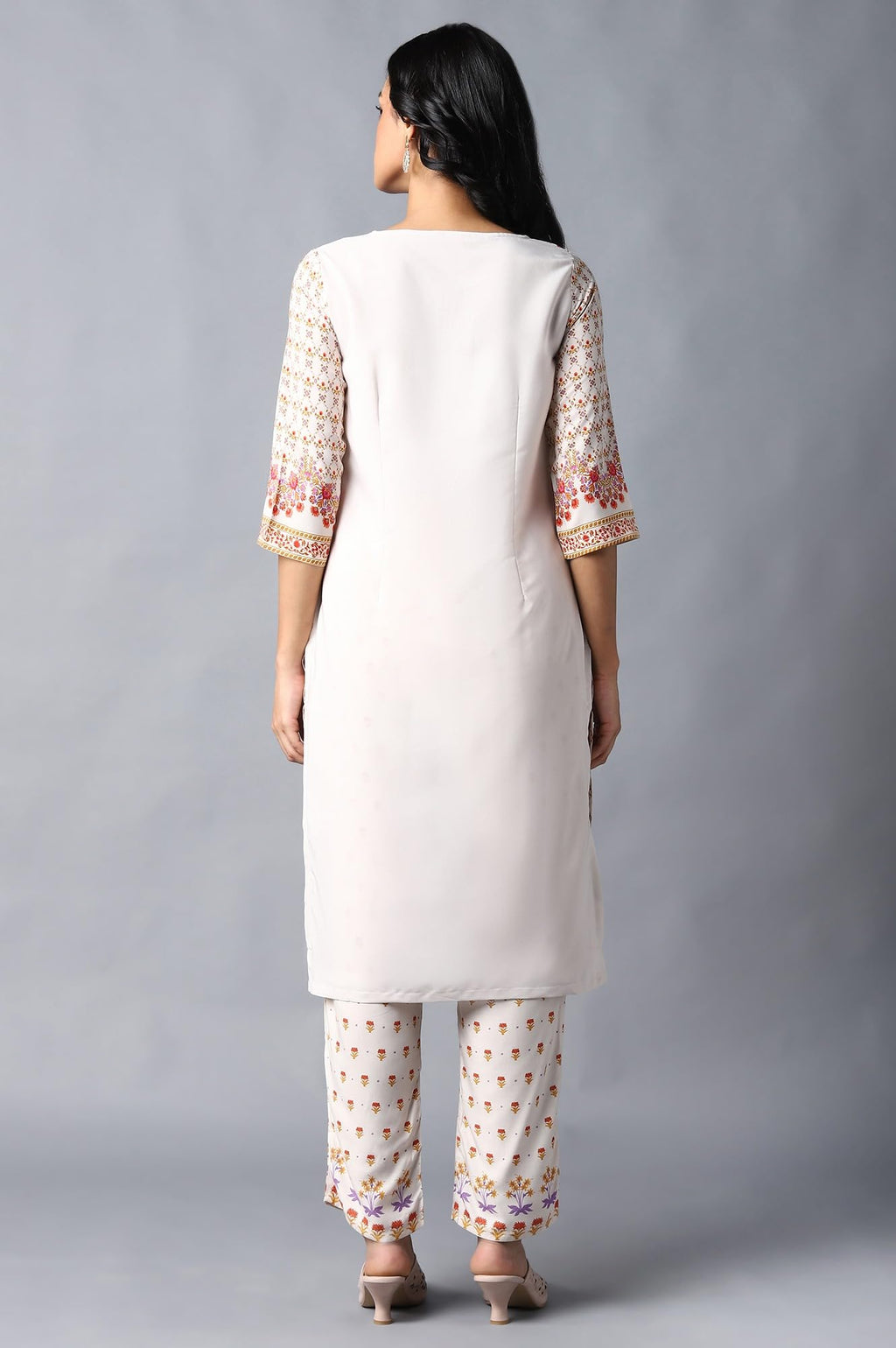W Ecru Synthetic Floral Printed Regular Kurta For Women