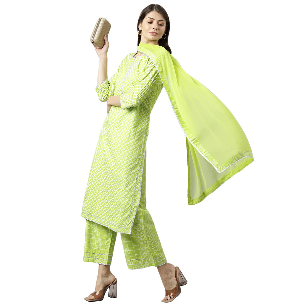 ANNI DESIGNER Women's Cotton Blend Kurta with Palazzos & Dupatta (Rust-Parrot_NEW01_XXL_Light Green_XX-Large)