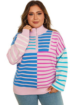 Sky Blue Stripe Colorblock Patchwork Plus Size Half Zip Sweater
