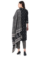 Rytras Women'S Rayon Black And Grey Printed Straight Kurta With Palazzos Pants And Dupatta Set
