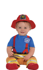 amscan First Fireman Halloween Costume for Babies, 6-12 Months, with Red Hat and attached Suspenders and Badge