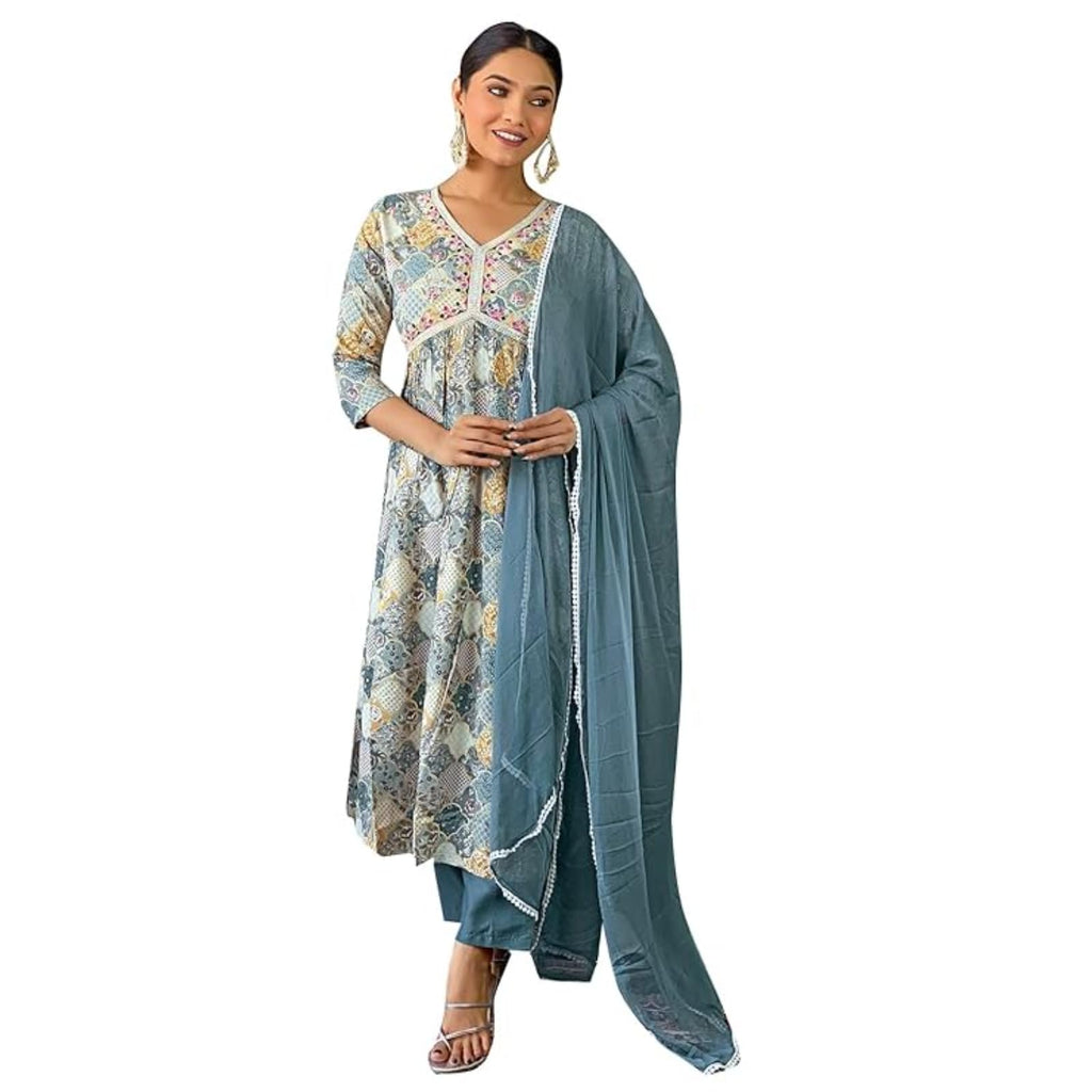 Naixa WomenS Firoji Viscose Rayon Printed Flared Kurta With Pant And Laced Dupatta Set