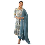 Naixa WomenS Firoji Viscose Rayon Printed Flared Kurta With Pant And Laced Dupatta Set