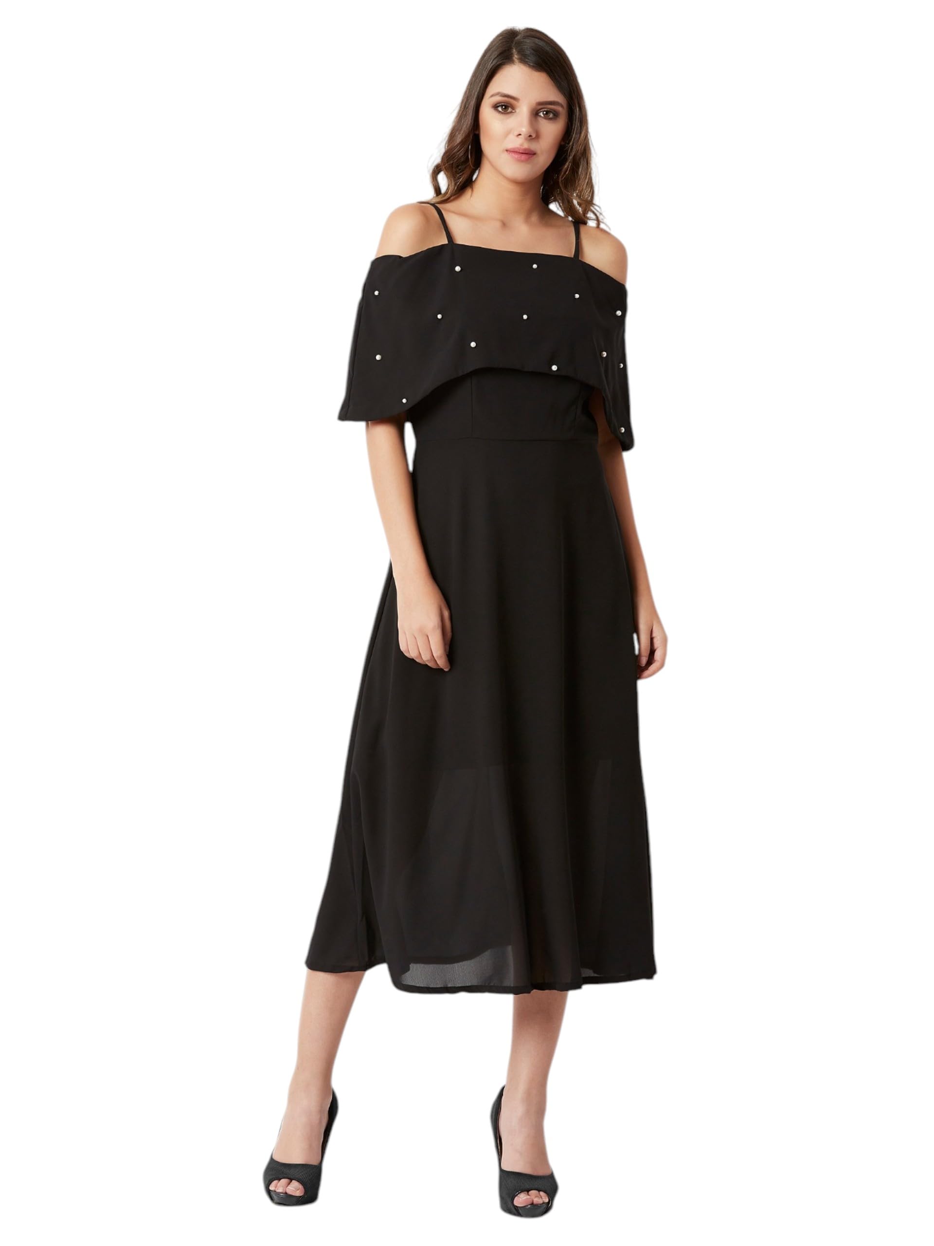 Miss Chase WomenS Off-Shoulder Sleeveless Pearl Detailing A-Line Midi Bardot Style Dress (Mcss25D93-21-503-06, Phantom Black, X
