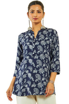 Soch Womens Blue Rayon Tunic with Floral and Paisley Print
