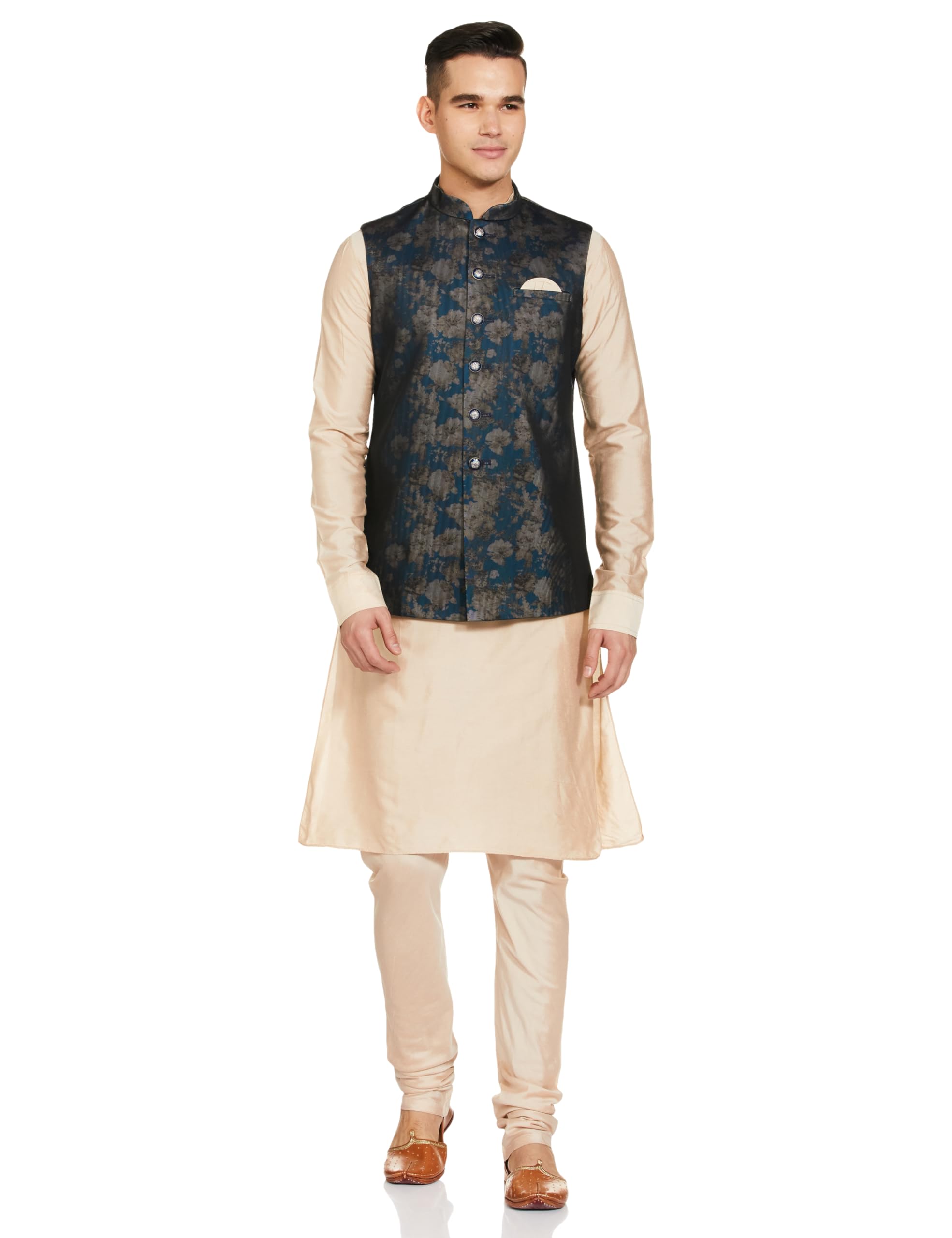 Manyavar Blue Blended Rayon Printed Celebration Kurta Jacket Set With Mandarin Collar