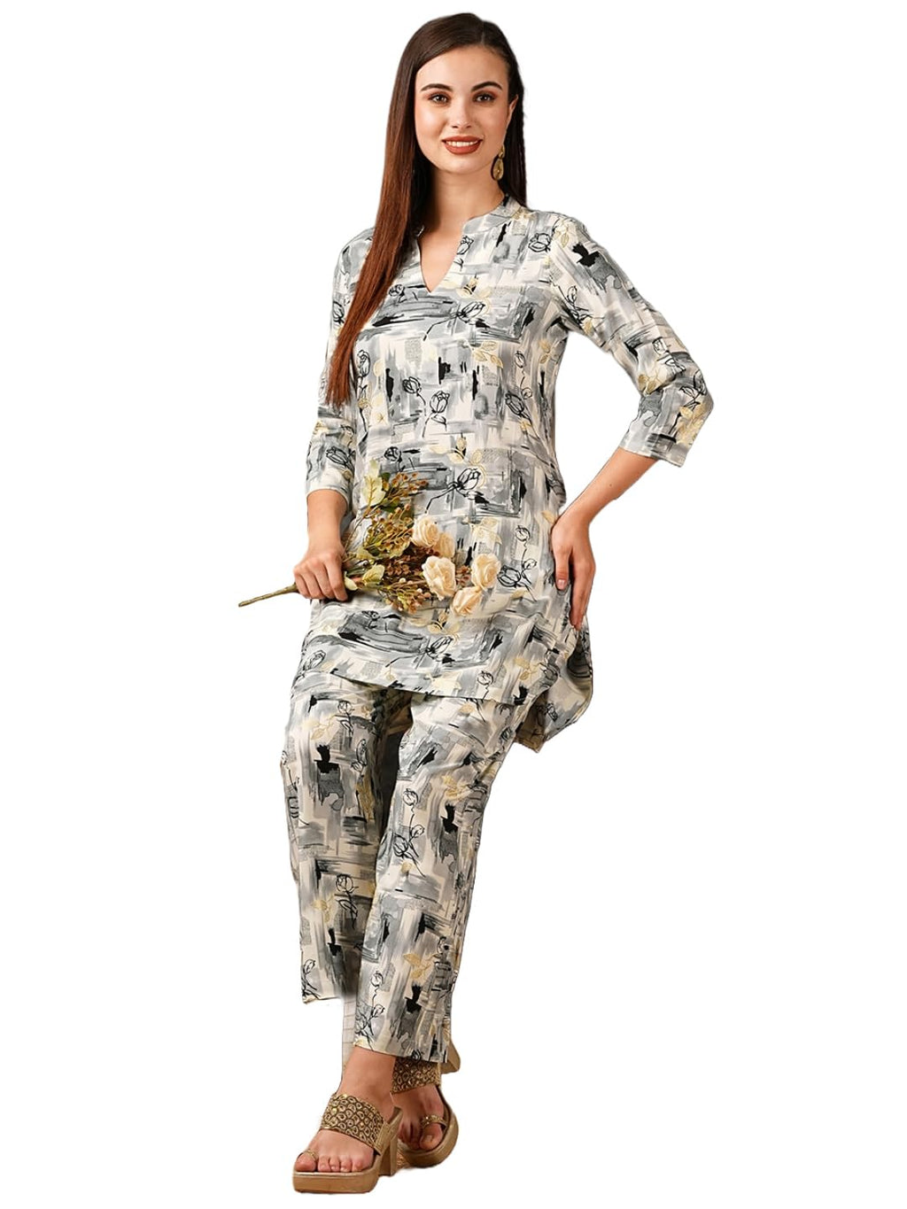 ANNI DESIGNER Womens Cotton Blend Printed Ethnic Co-ord Set (Tamar Grey-NW_M_Grey_Medium)
