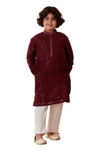 Manyavar Boys Kurta & Pajama Set, Mandarin Collar with Button Closure, Full Sleeve Kurta Set for Kids, Self Design, Georgette (M
