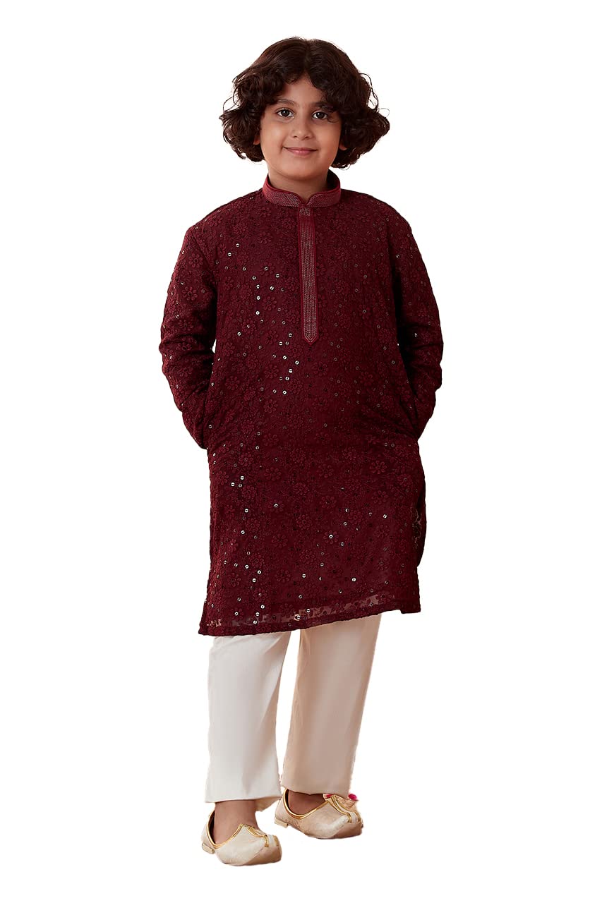 Manyavar Boys Kurta & Pajama Set, Mandarin Collar with Button Closure, Full Sleeve Kurta Set for Kids, Self Design, Georgette (M