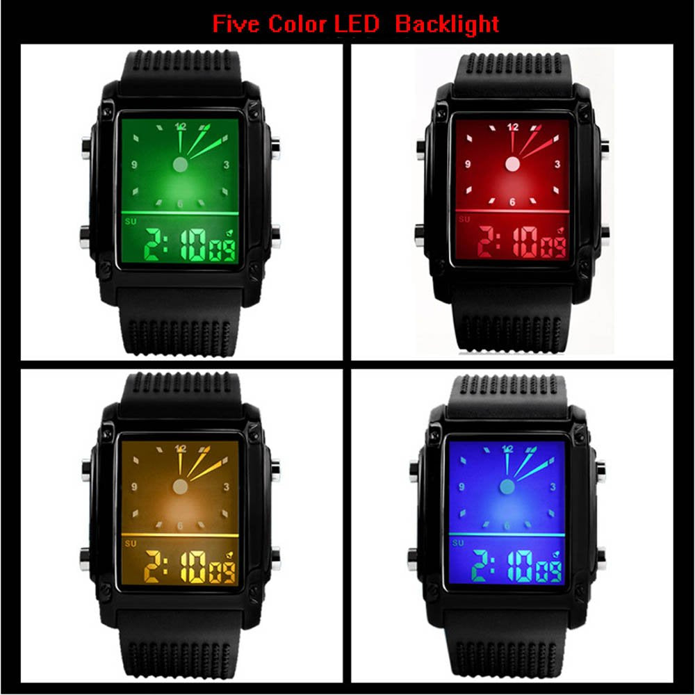 FANMIS Men's Waterproof Rectangle Dial Analog Digital Wrist Watch with Five LED Backlight Color Black