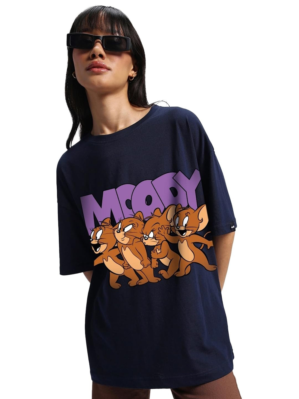 Bewakoof X Official Tom & Jerry Merchandise Womens Moody Jerry Graphic Printed 100% Cotton T-Shirt - Oversized Fit, Round Neck,