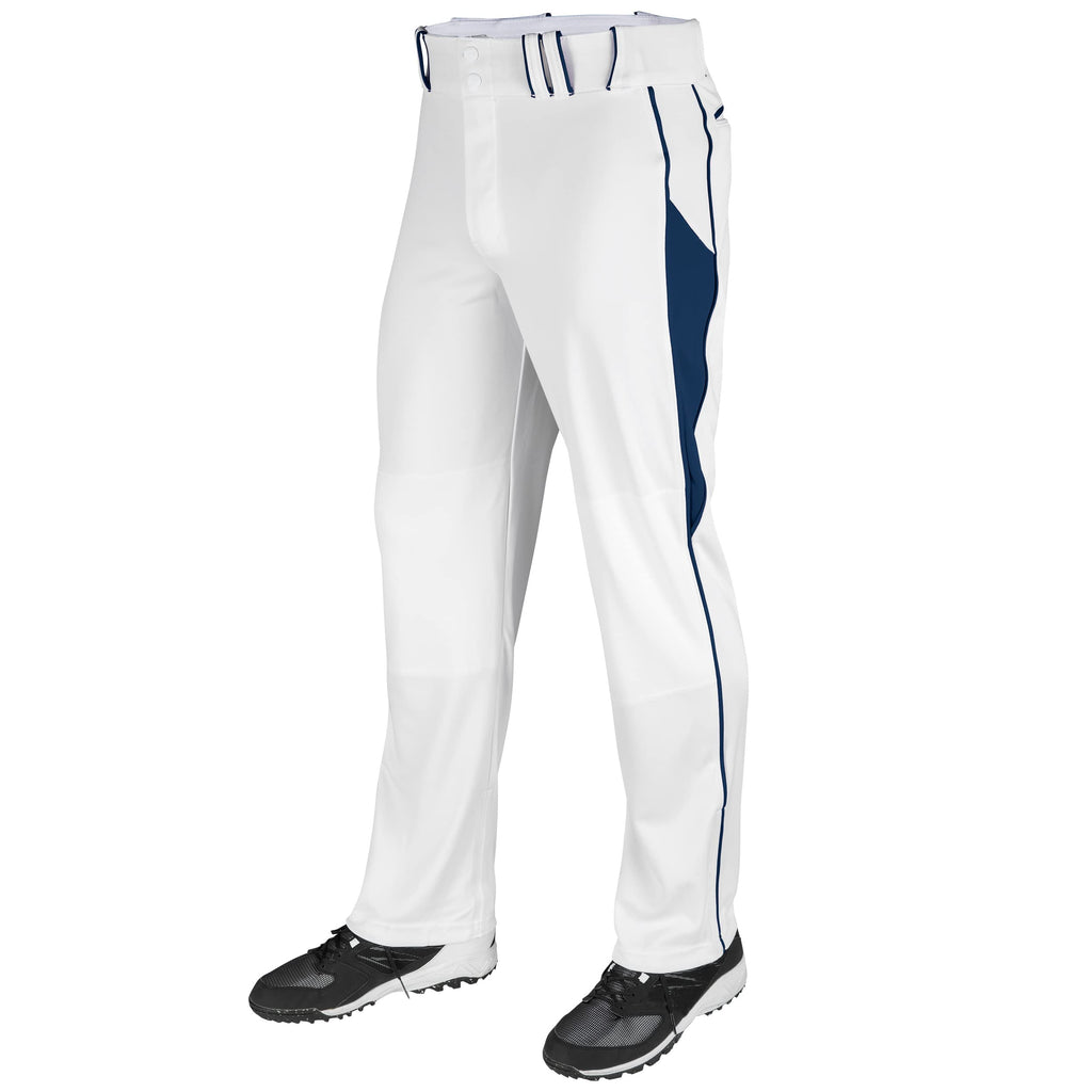 CHAMPRO Triple Crown OB2 Open-Bottom Loose Fit Baseball Pants with Adjustable Inseam and Reinforced Sliding Areas, White,navy, S