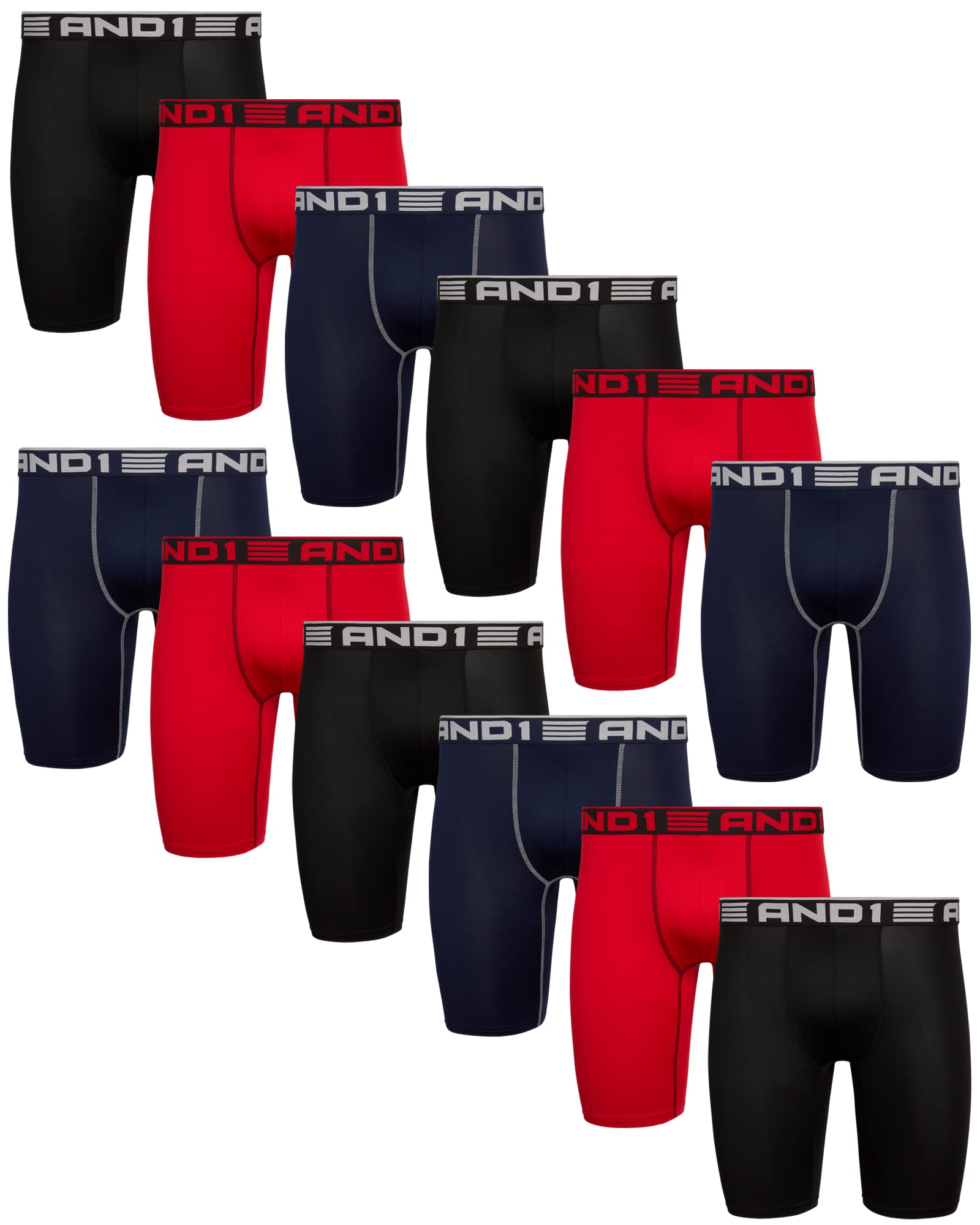 AND1 Men's Underwear - 12 Pack Long Leg Performance Compression Boxer Briefs (S-3XL), Size Large, Black/Red/Navy