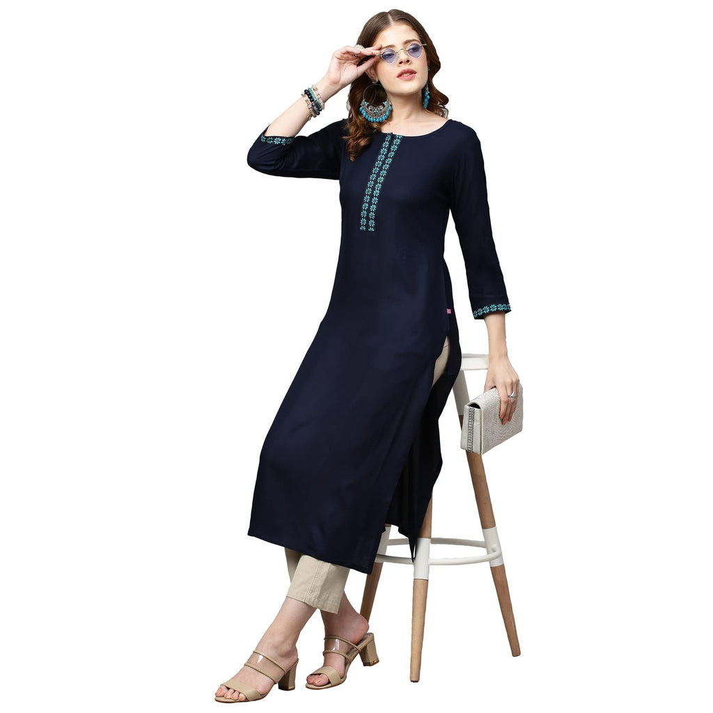 ANNI DESIGNER Womens Cotton Blend Printed Straight Kurta (Kissa Blue_S_Blue_Small)