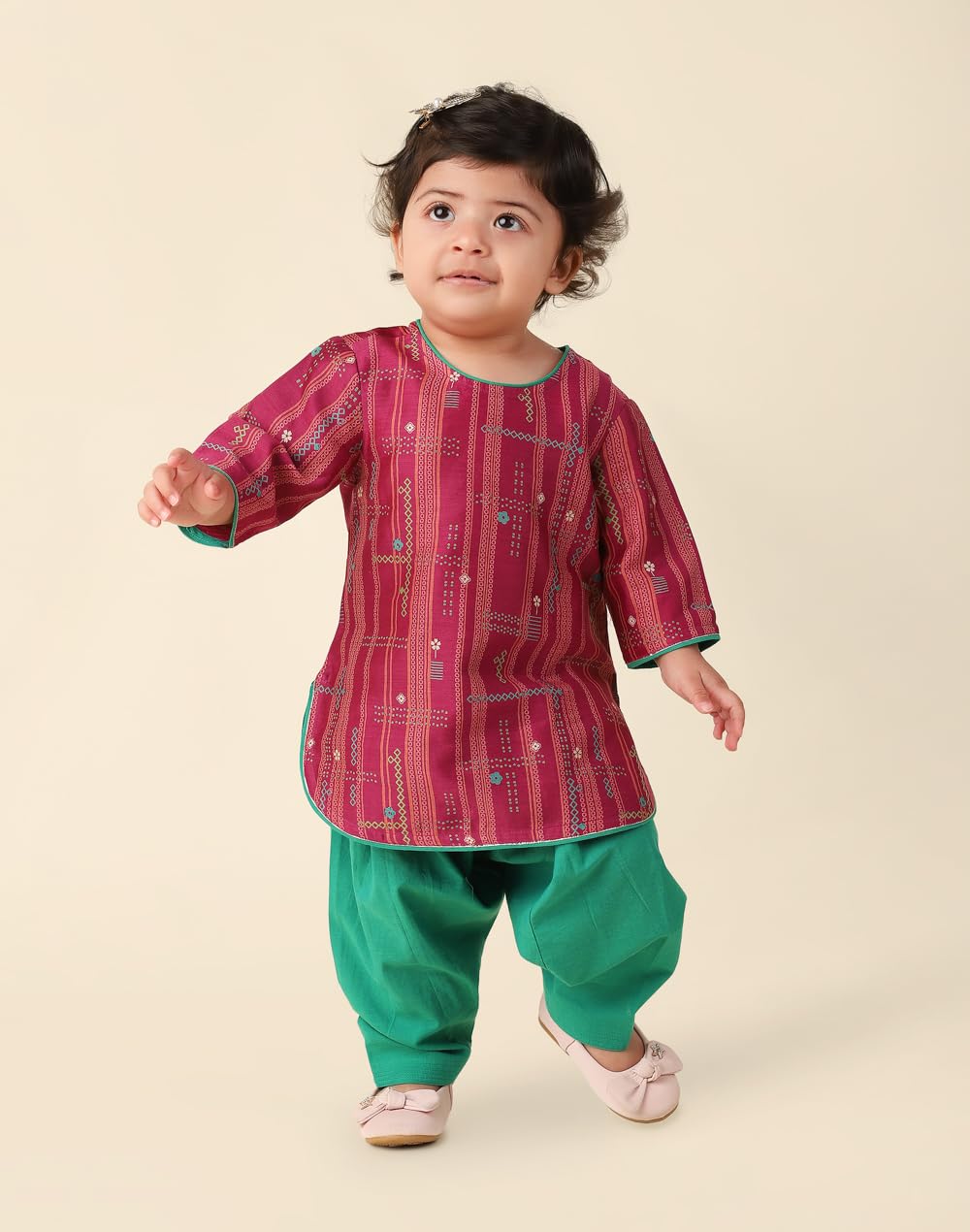 Fabindia Baby Girls Cotton Silk Printed Regular Fit Salwar Set (1031880GREEN_Green
