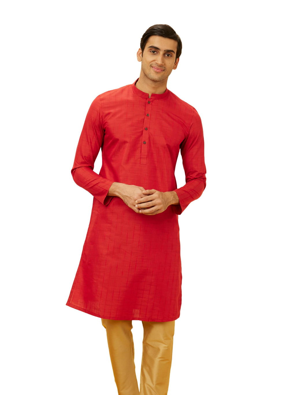 Manyavar Elegant Selfdesign Striped Kurta For Men - (Bright Red, Small)