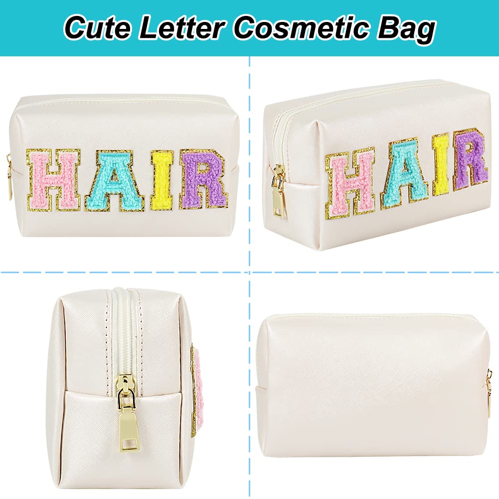 JOINDO Preppy Patch Makeup Bag, Chenille HAIR Letter Cosmetic Bag,PU Leather Skincare Toiletry Bag, Portable Makeup Bag with Var