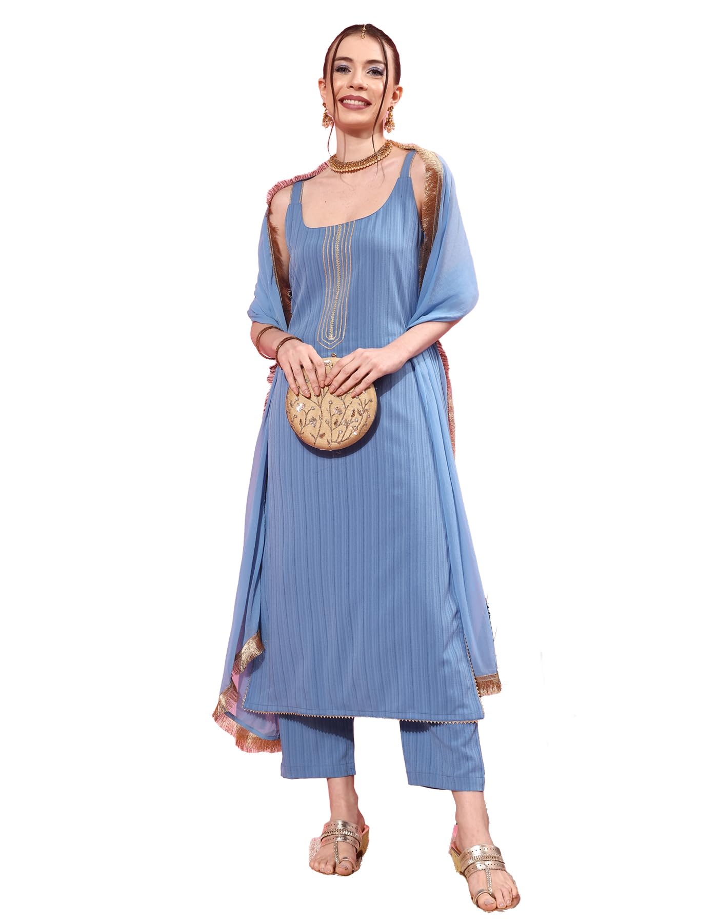 Varanga Women Blue Spaghetti Strap Straight Kurta With Tonal Bottom & Dupatta  Lace & Gotta Detailing On Yoke For A Stylish And 