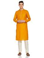 Manyavar Mustard Blended Viscose Solid Casual Kurta Set For Men