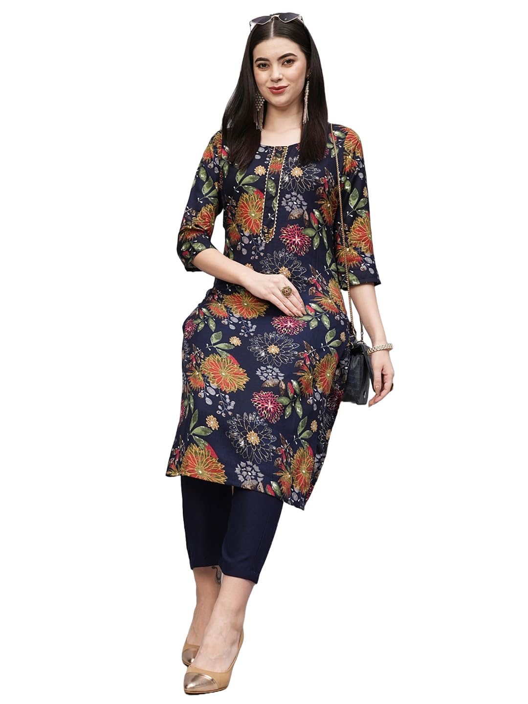 ANNI DESIGNER Womens Cotton Blend Straight Printed Kurta with Pant (Paajas Navy Blue_XXL_Navy Blue_XX-Large)