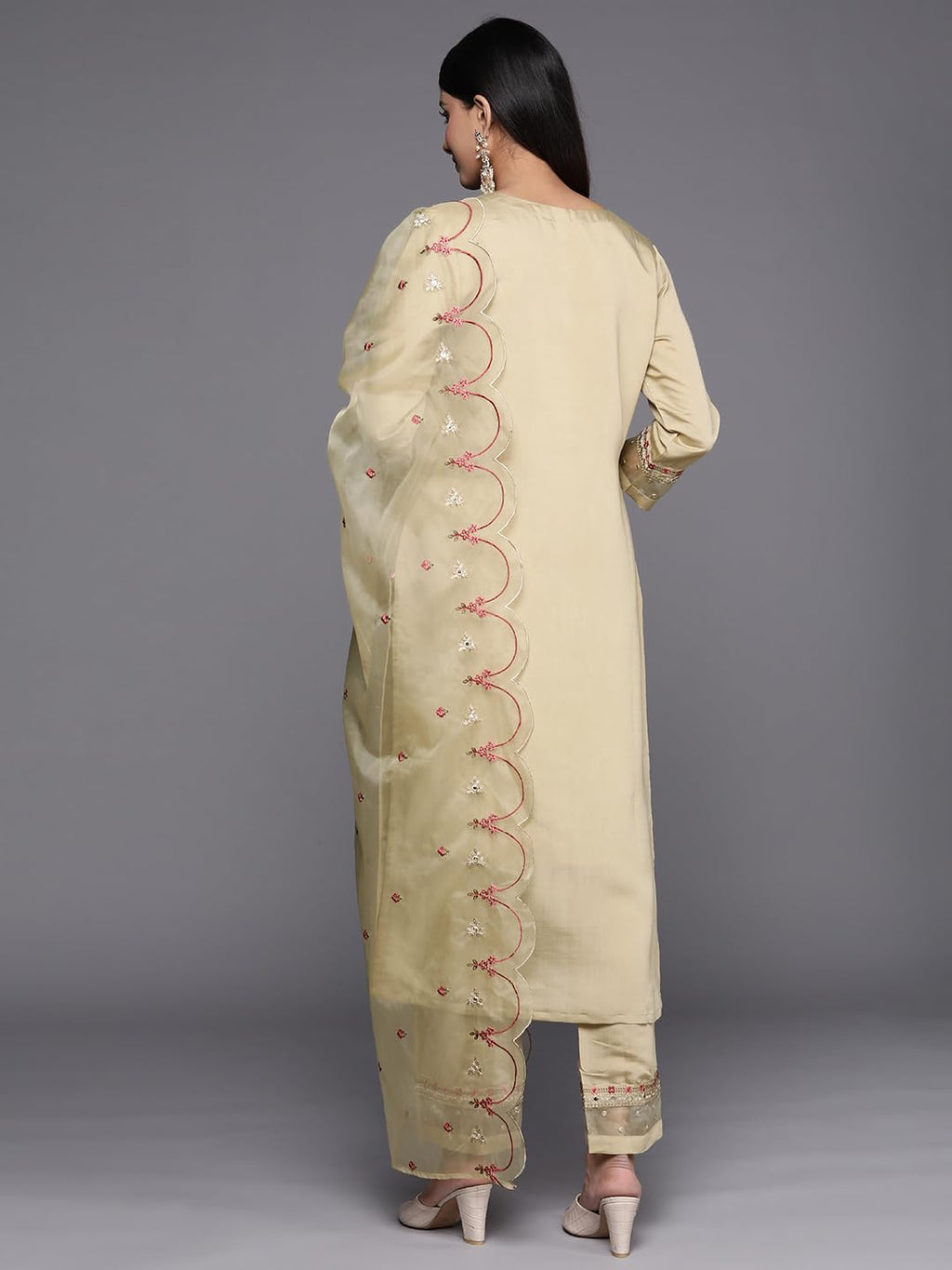 Varanga Women Beige Embroidered Kurta Paired With Tonal Bottom And Organza Dupatta