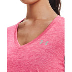 Under Armour Womens Tech V-Neck Twist Short-Sleeve T-Shirt , Cerise (655)/Metallic Silver , X-Small