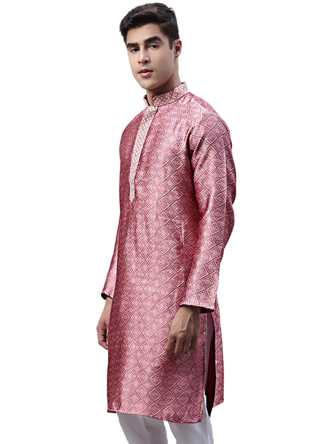 Jompers Mens Collar Embroidered Silk Jacquard Kurta