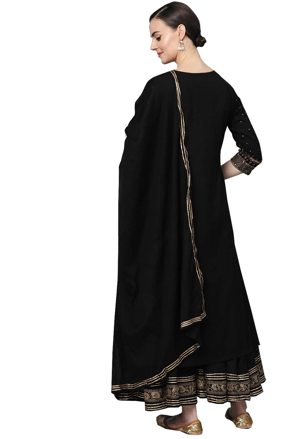 Ishin Women'S Pure Cotton Self Design Gotta Patti Black Floral Print A-Line Kurta Suit Set With Dupatta & Palazzo