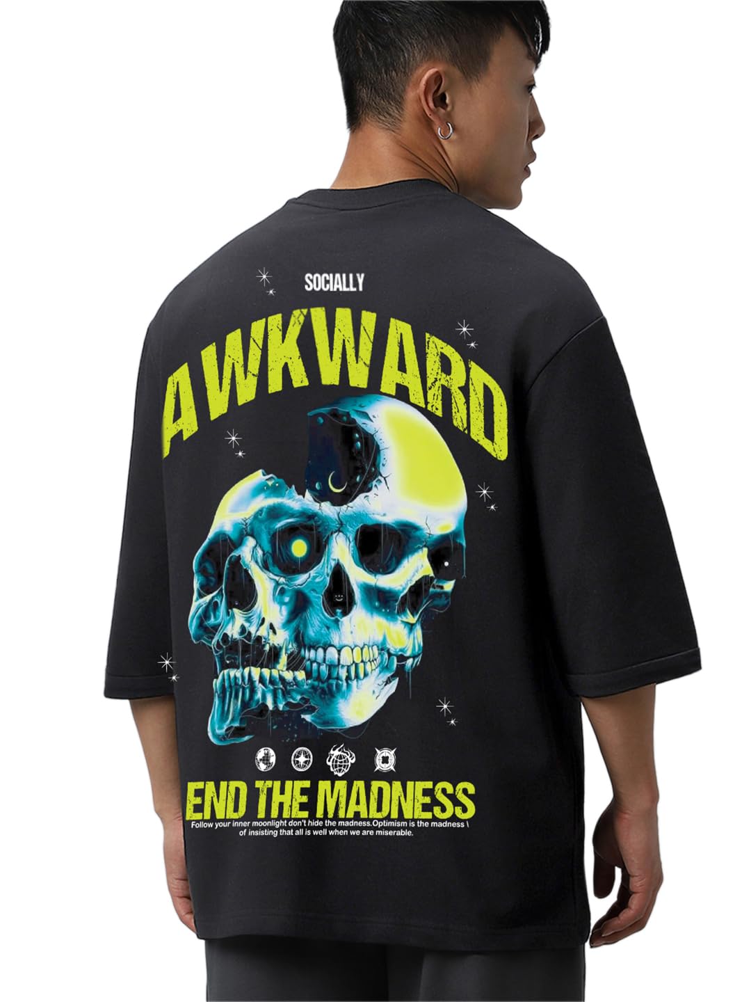 Bewakoof MenS Graphic Print Super Loose Fit Half Sleeve Round Neck Terry T-Shirt_657176_Black_Xl