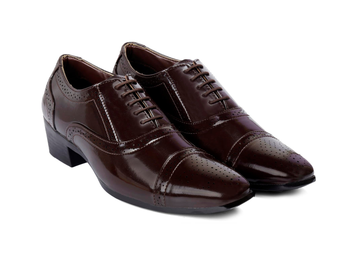 BXXY Mens 2 Height Increasing Synthetic Patent Material Brown Formal Brogue, Oxford Shoes with Pu Sole. 9 UK 9