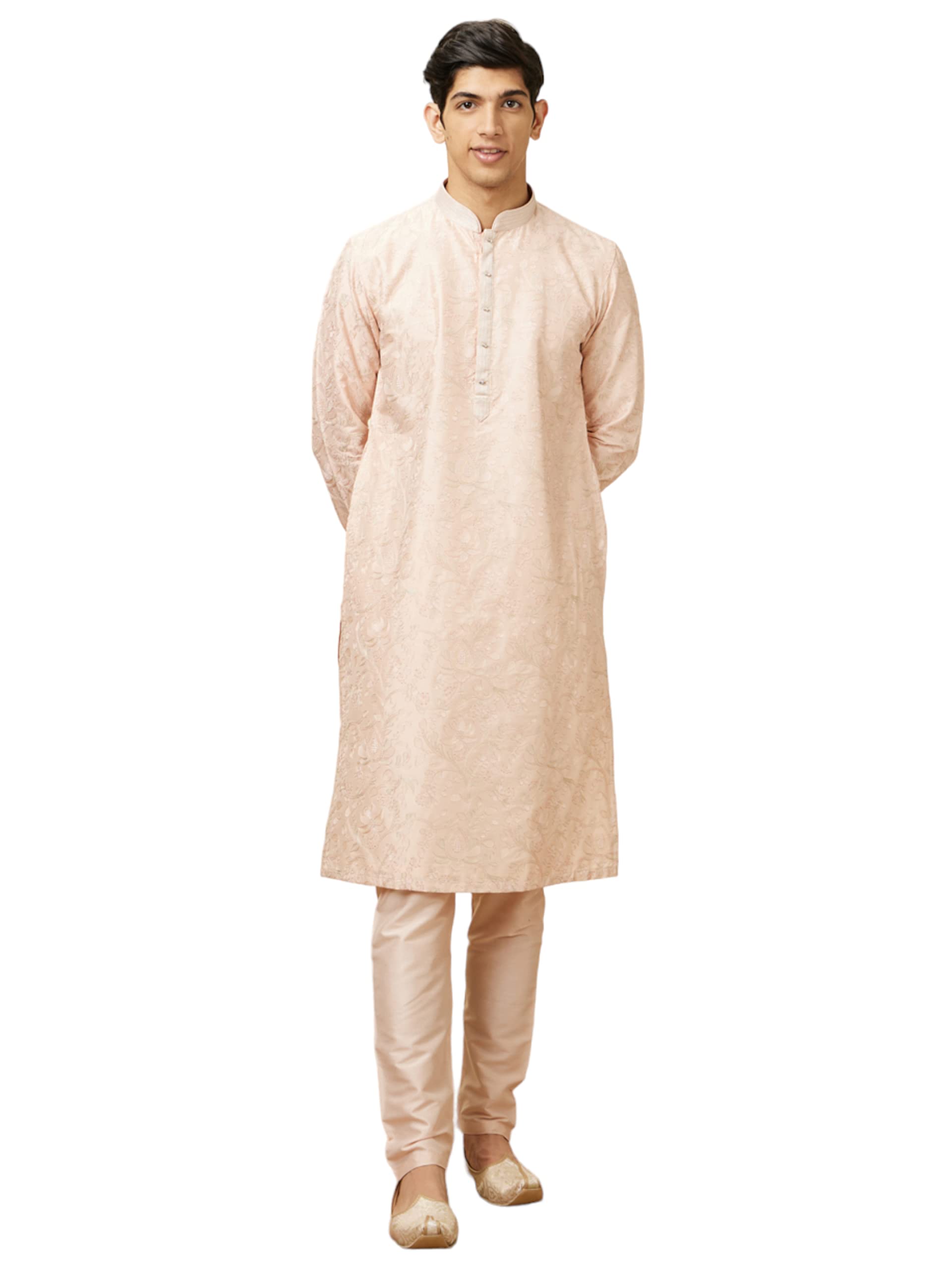 Manyavar Mens Blended Viscose Self Design Casual, Traditional Full Sleeves Kurta Payjama Set (Pink, M)