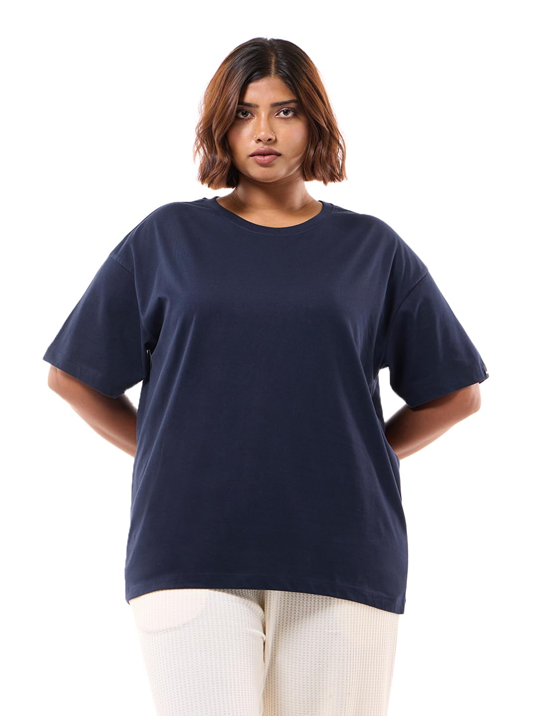 Bewakoof Womens Solid Oversized Fit Drop Shoulder Round Neck Cotton Plus Size T-Shirt_581057_Blue_5XL