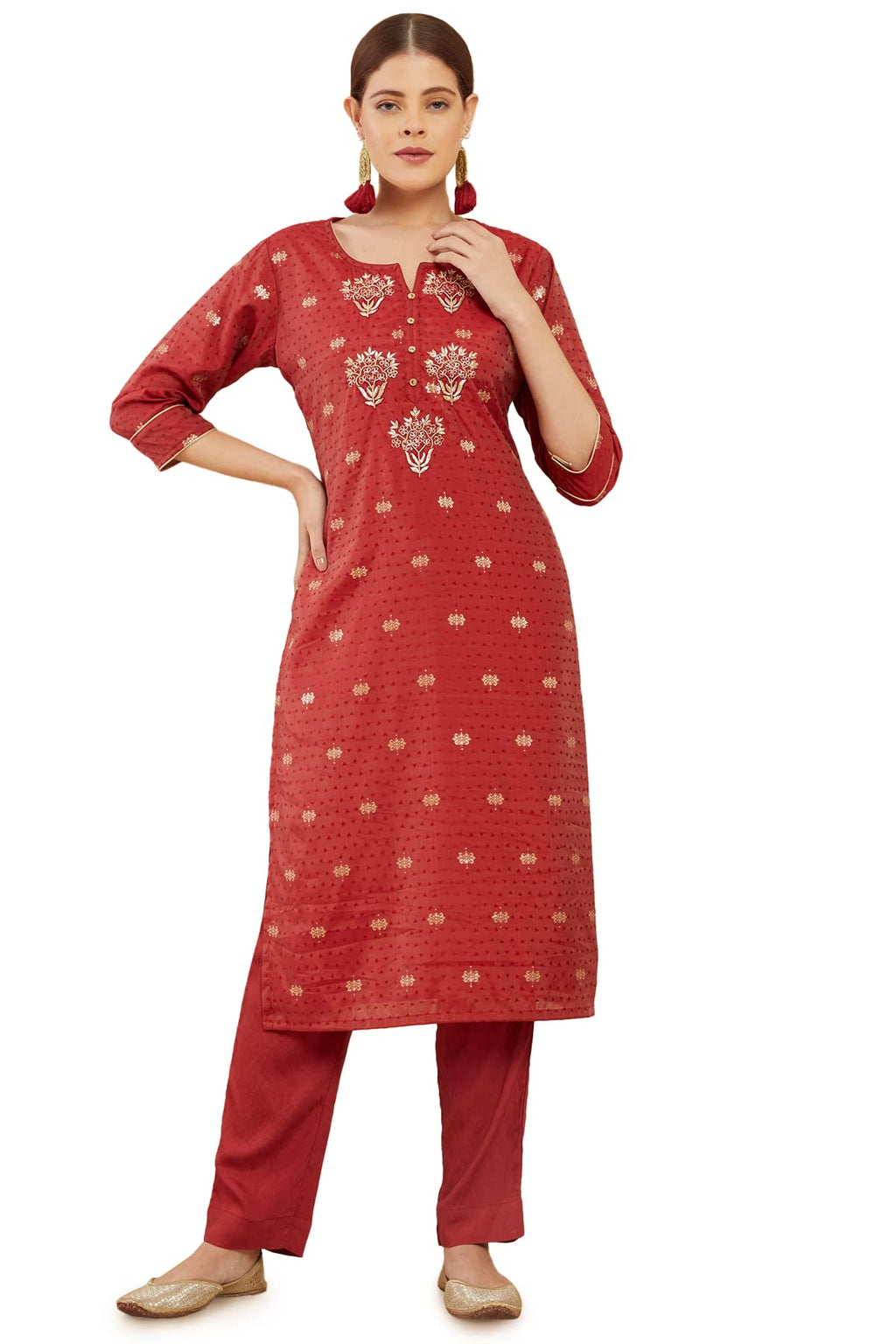 Soch Women Red Chanderi Embroidered Kurta Set