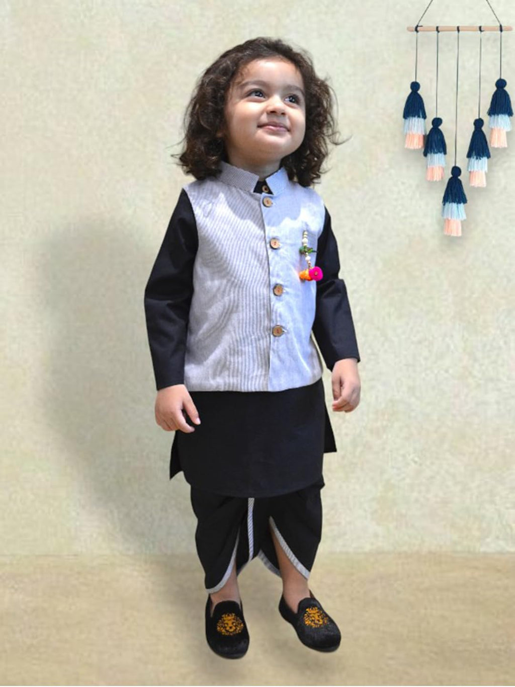 A.T.U.N. (ALL THINGS UBER NICE) Boys Ethnic Wear Black Navy Pinstripe Cotton Dhoti Kurta with Linen Jacket Set (3 Piece Set)