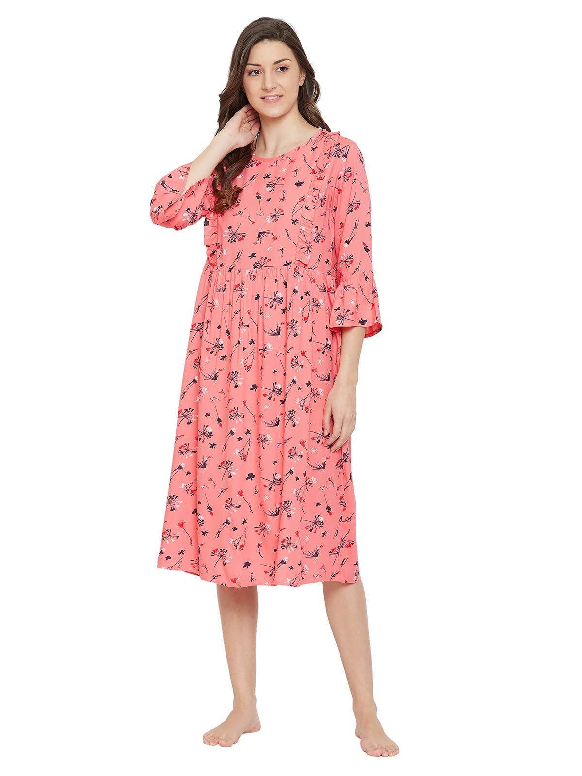 Clovia Womens Cotton Feeding Pretty Florals Mid Length Maternity Nightdress (NS1352R22_Pink_M)
