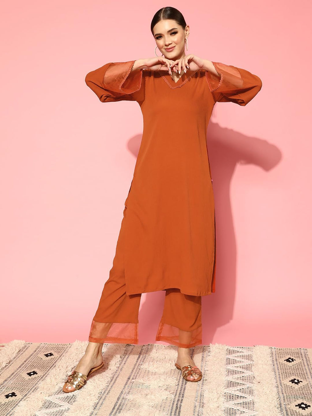 Varanga Women Rust Straight Kurta Set With Tonal Bottom  Relaxed Fit, Casual & Semi-Formal Wear, Comfortable Cotton Kurta For Wo