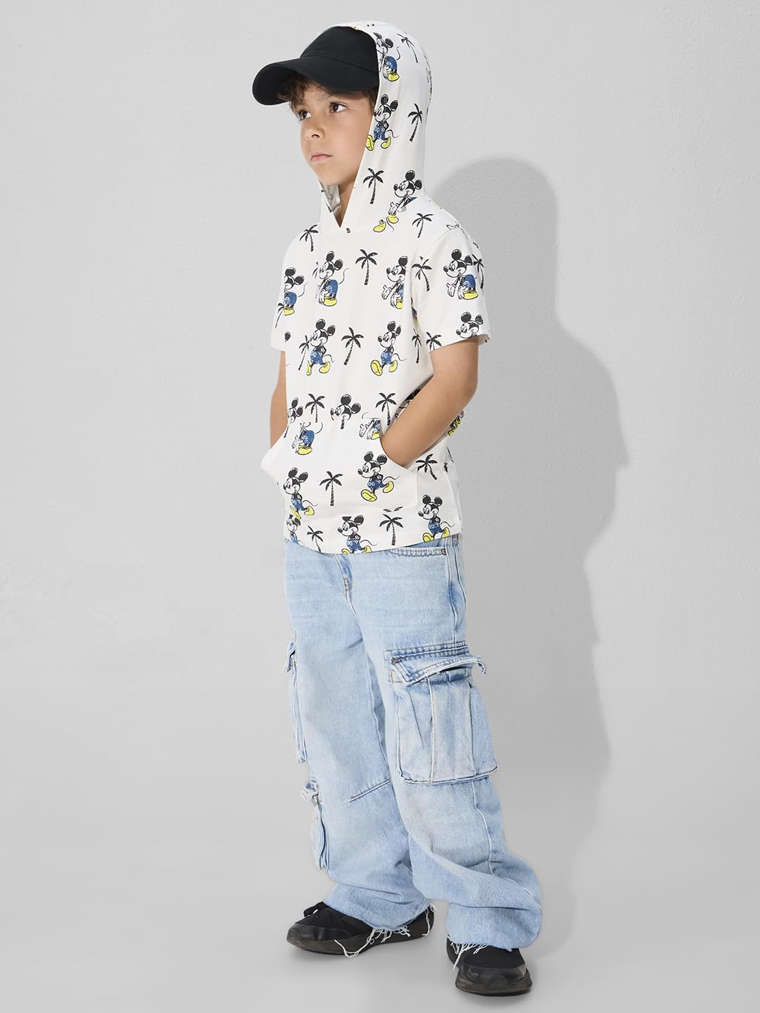 The Souled Store Official Mickey Mouse : Beach Vibes Boys Graphic Printed Hooded Cotton Tshirt White