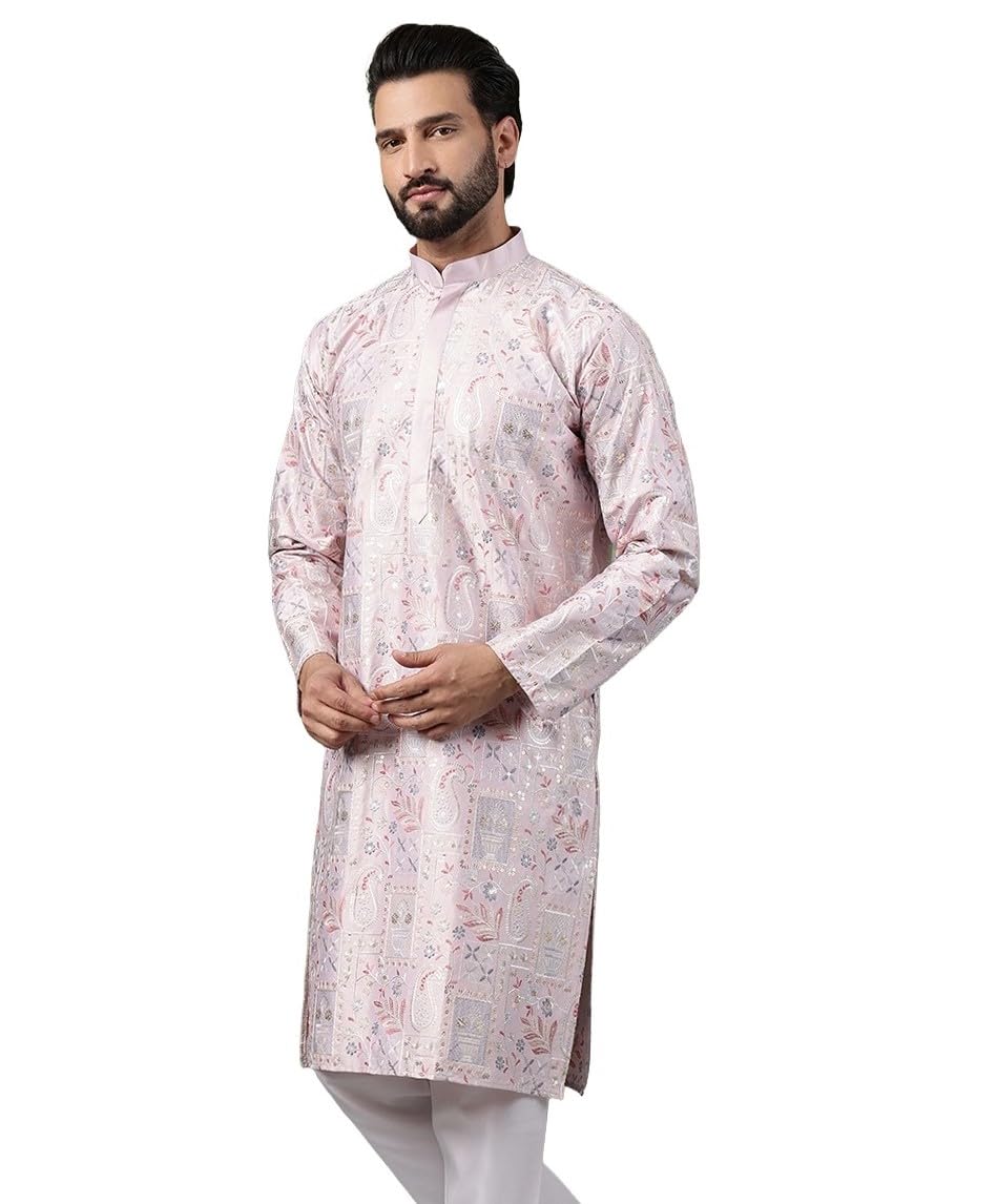 SOJANYA (Since 1958 Mens Cotton Floral & Sequin Embroidered Pink Long Kurta